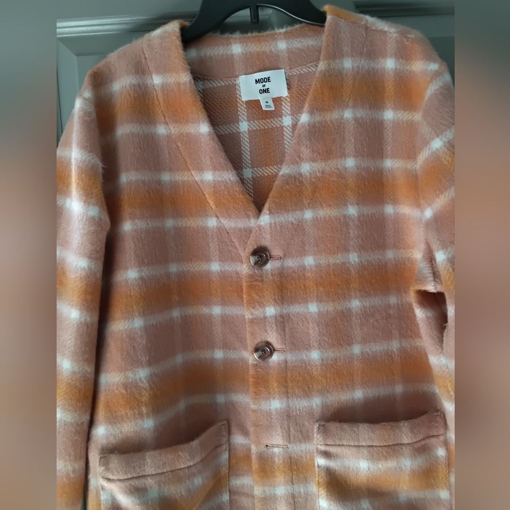 Mode of One Plaid Button Front Cardigan Jacket Pink Orange - Picture 3 of 4